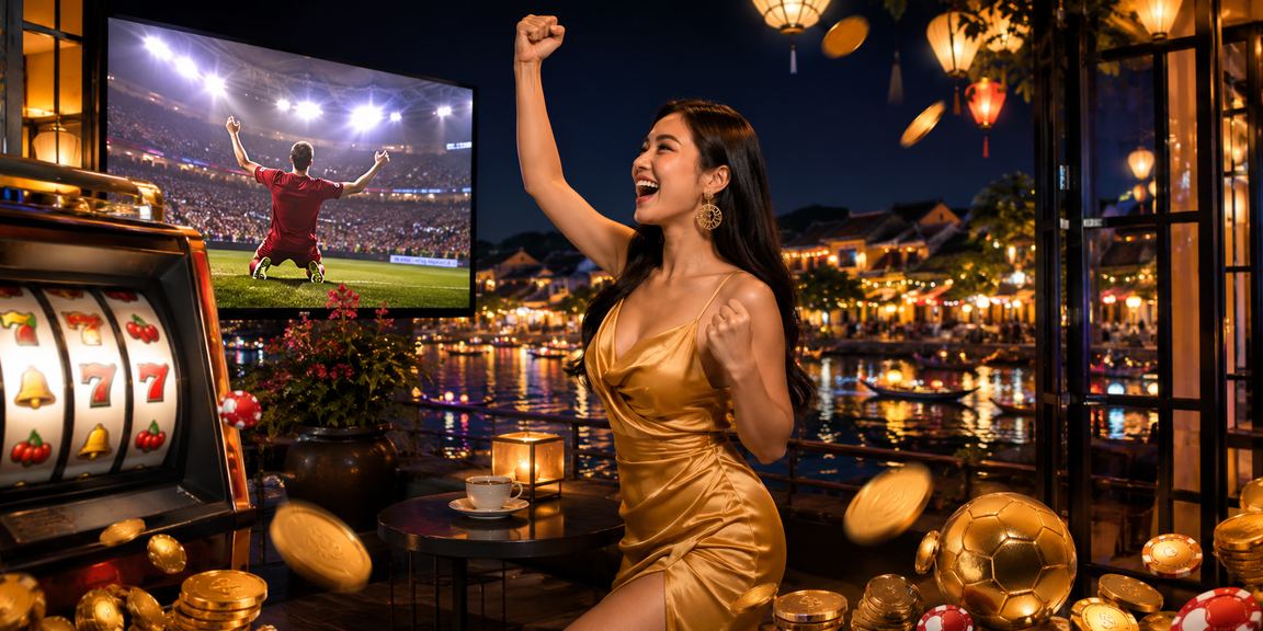 Người dùng Hội An thưởng thức slot game trực tuyến tại quán cà phê phố cổ về đêm